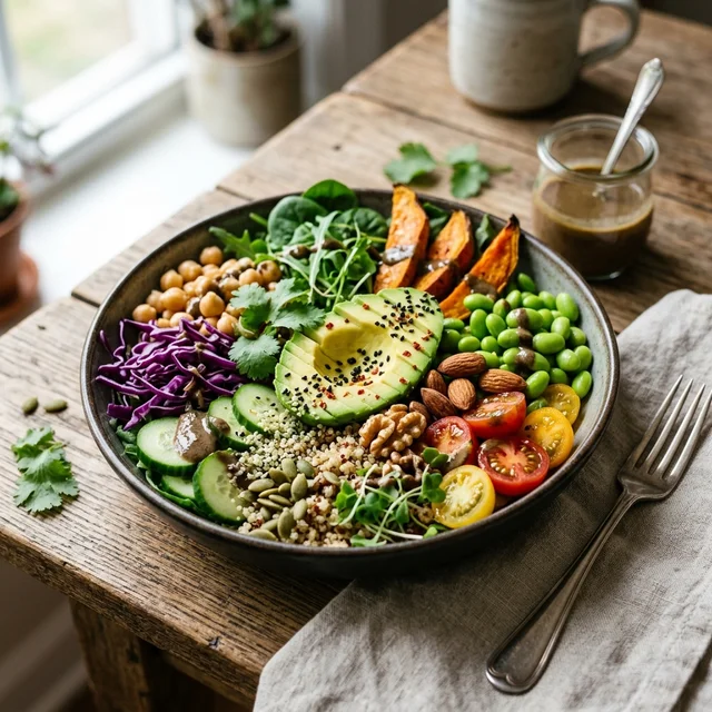 Gastronomía vegetariana orgánica y saludable preparada con ingredientes naturales